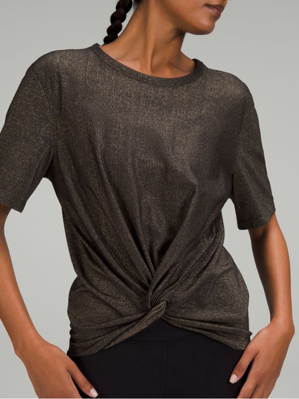 NWT Lululemon Metallic Knot-Front Short Sleeve Top - Black/Gold Shimmer